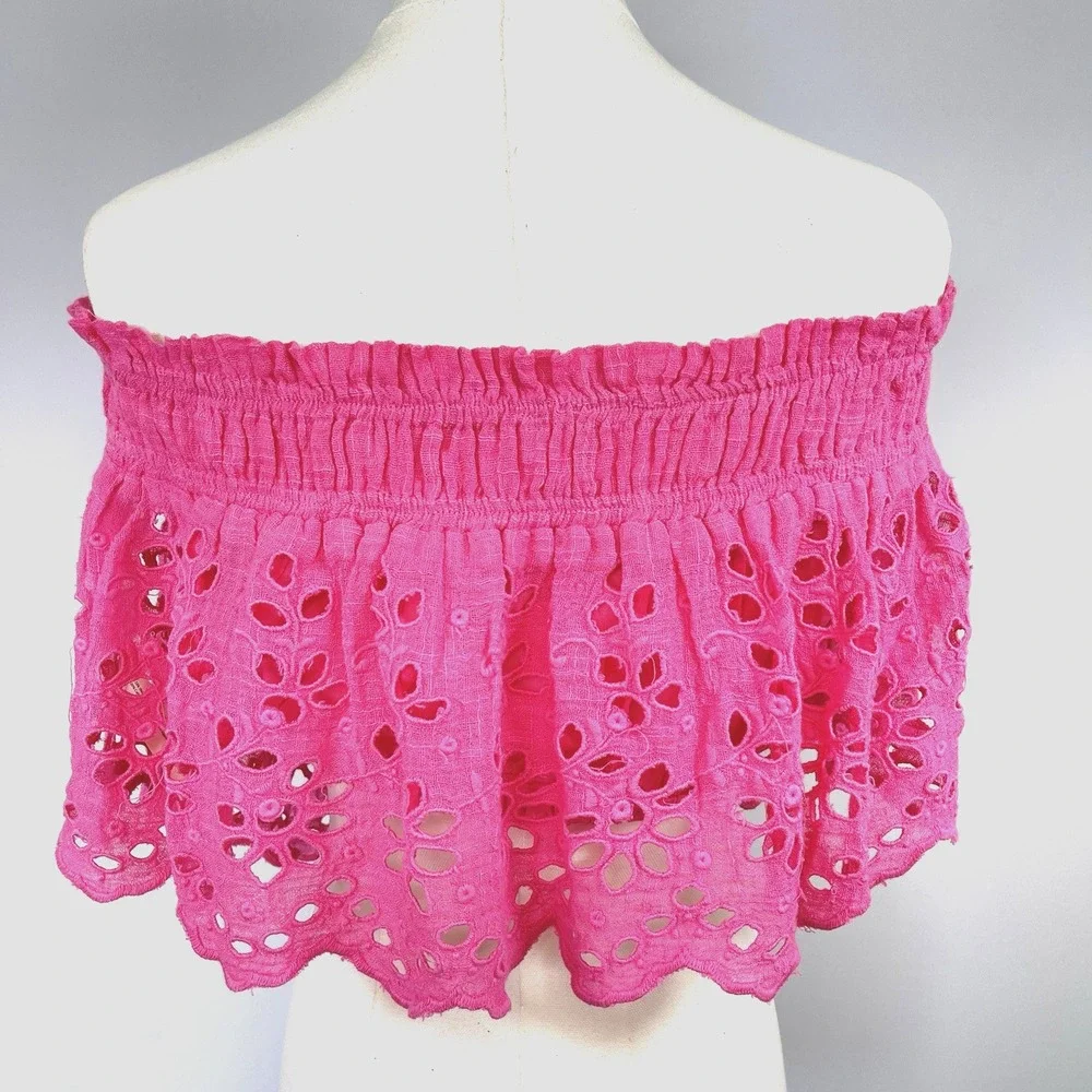 Free People One Perla Boho Coquette Eyelet Crop Top S Pink Cottagecore Beachy